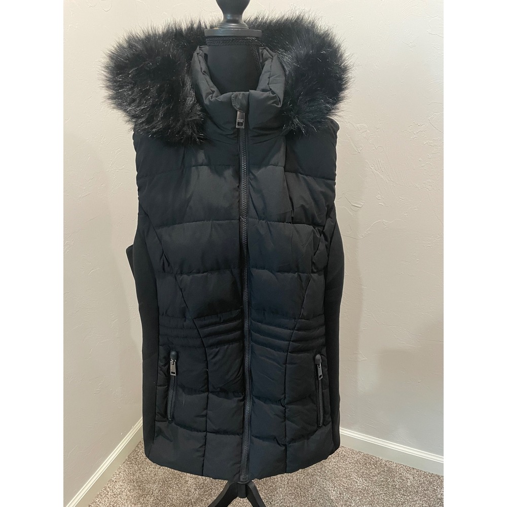 Michael Kors Womens Black Quilted Puffer Vest Faux Fur Hood XL